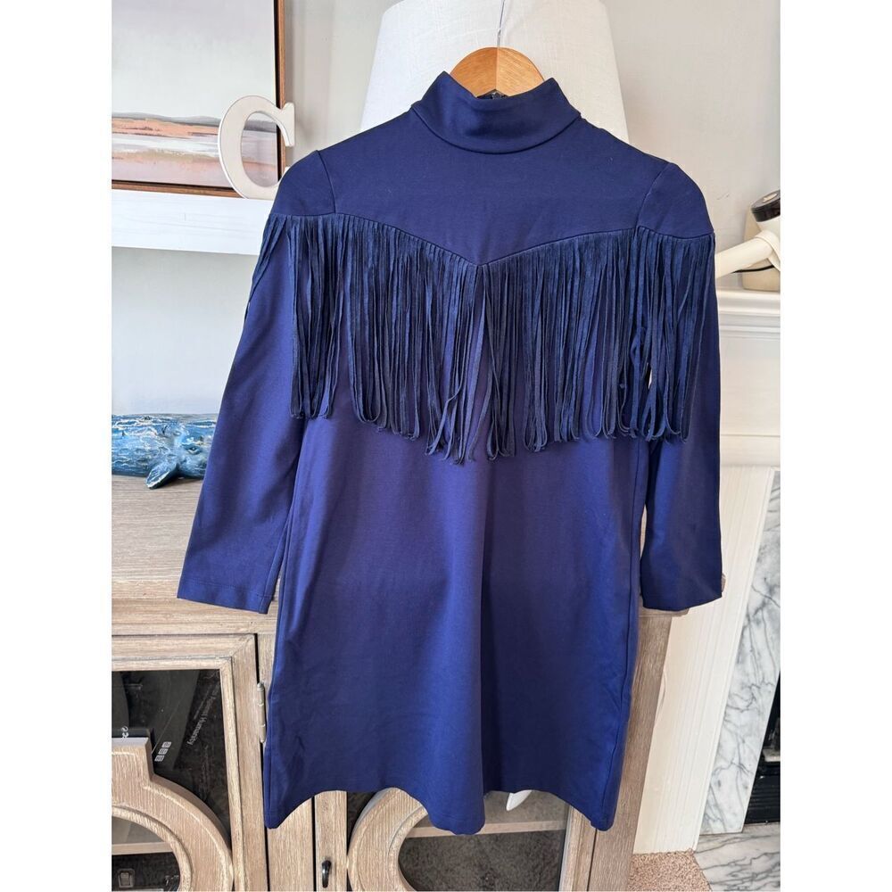 Tuckernuck Dress Women Navy Blue Cowgirl Suede Fringe Long Sleeve Size XSmall